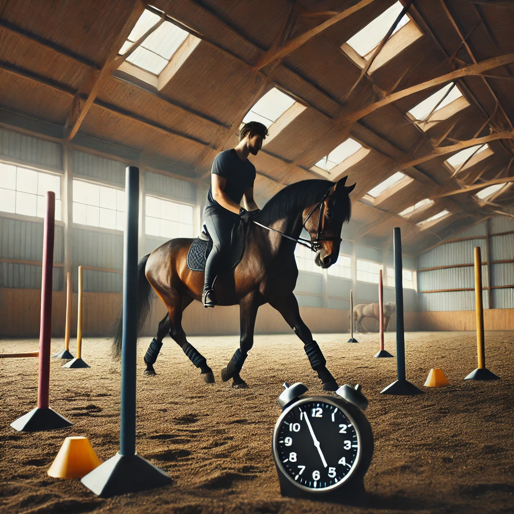 Horse and rider in an arena during interval training, with the rider monitoring the horse’s heart rate using a wearable device.